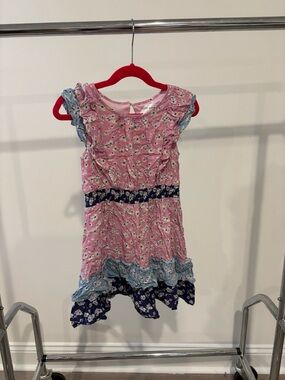 Us Angels Pink Floral Tiered Ruffle Dress with Navy Accents
